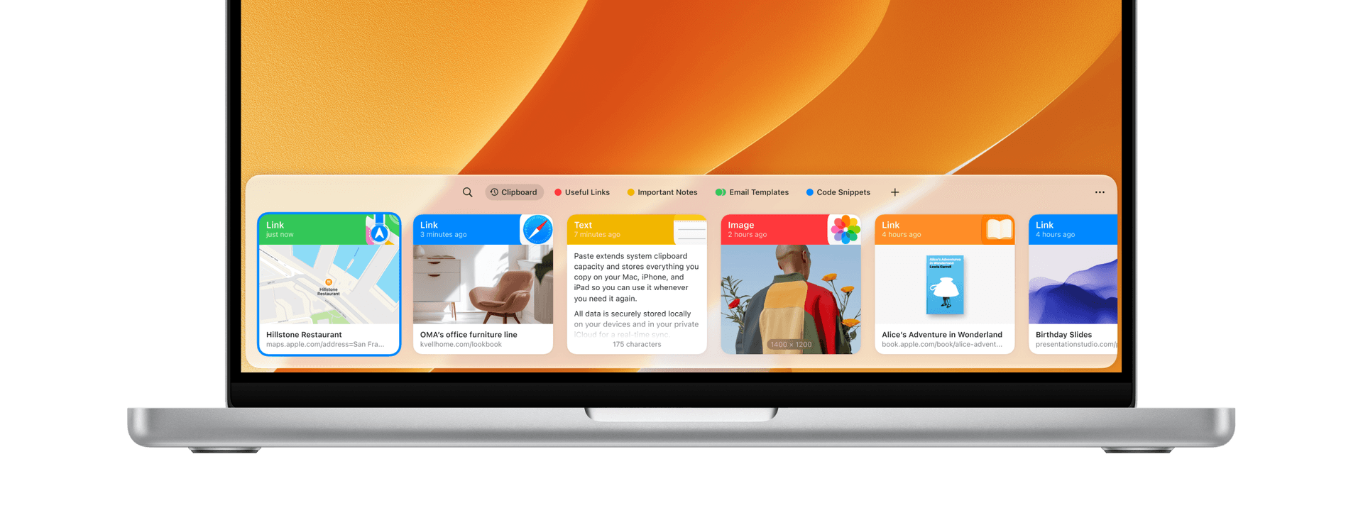 Paste official feature cards showing search, pinning, and cross-device