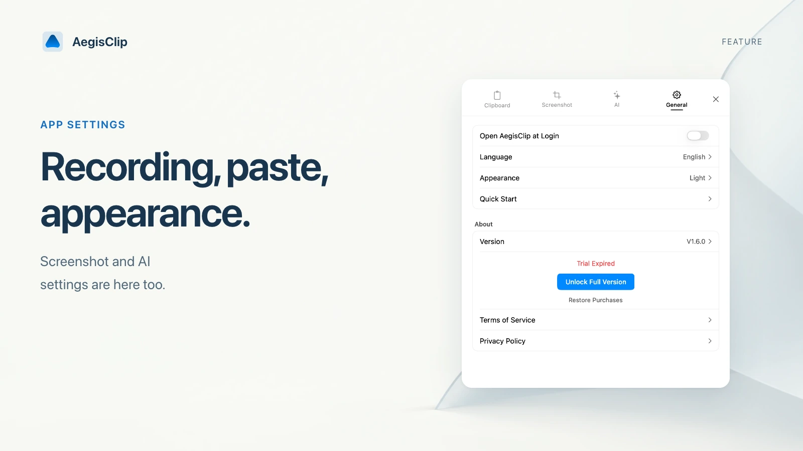 AegisClip Mac Settings: Clipboard, Screenshot, AI, and General