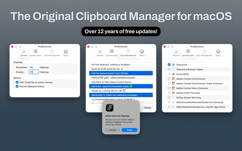 FIPLAB CopyClip official App Store screenshot showing the menu-bar text history