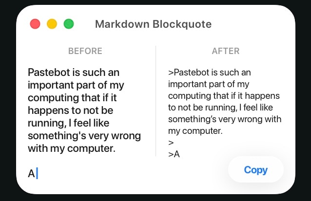 Pastebot 3 official filter preview with source text and a Markdown quote result