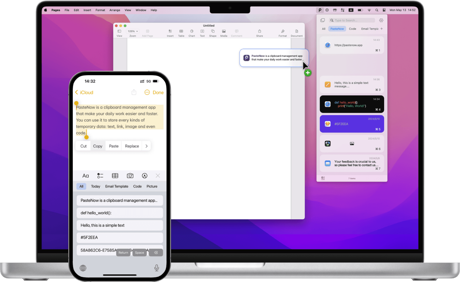 PasteNow official image showing a Mac list and the iPhone keyboard