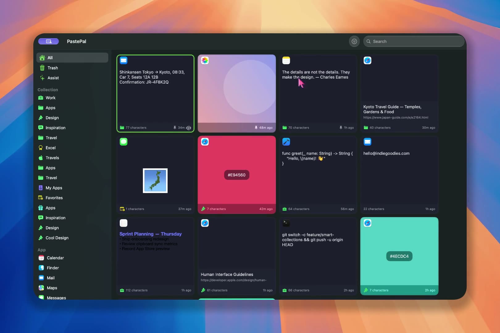 PastePal official main window showing content cards and category entries