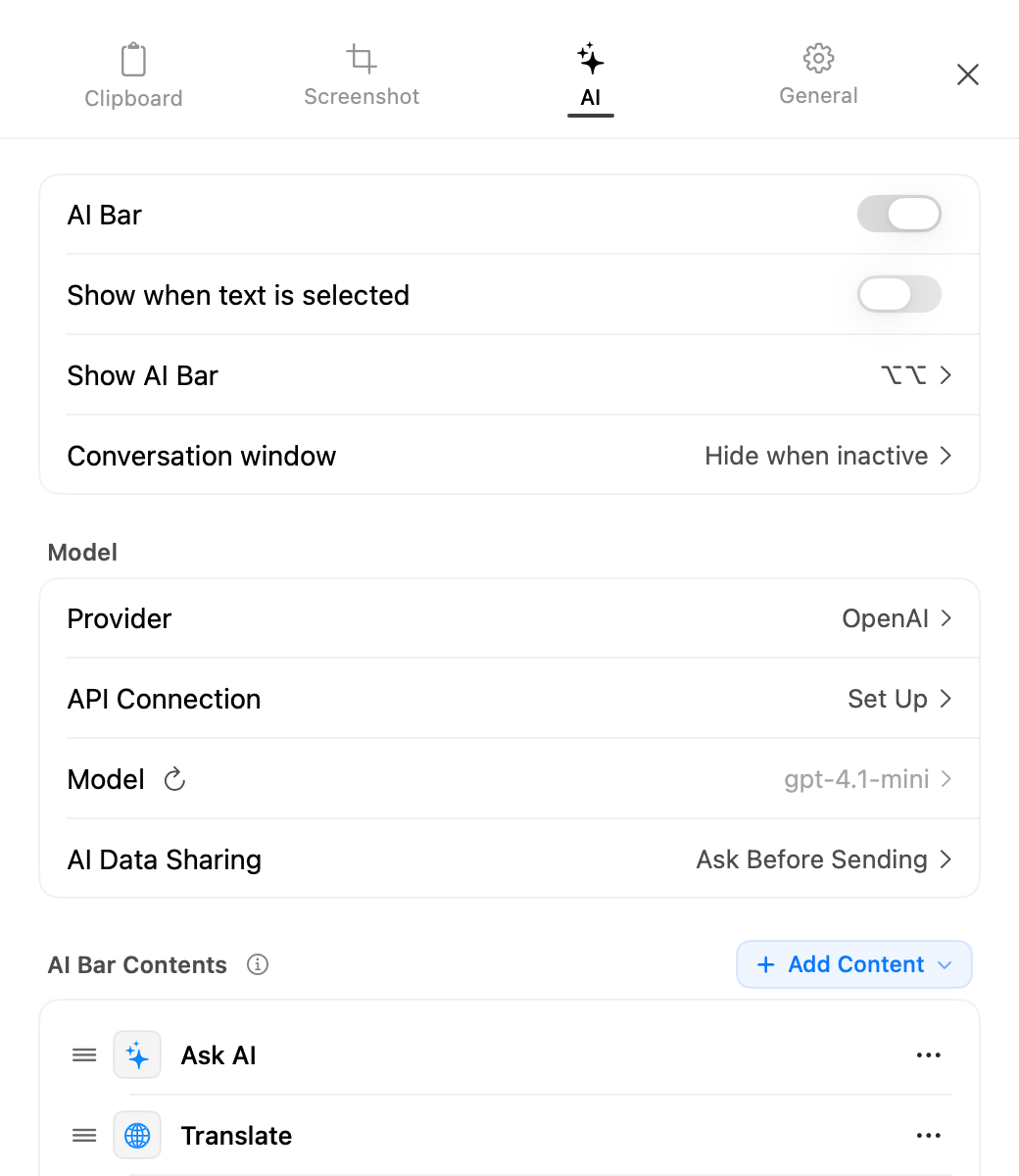 AegisClip AI settings with provider, connection, model, data sharing, and action controls