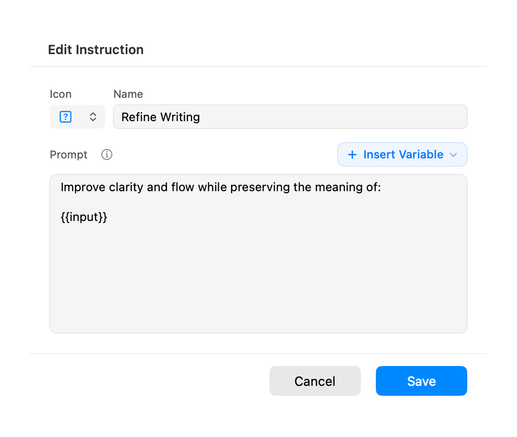 AegisClip custom AI instruction editor with name, icon, prompt, and variable controls