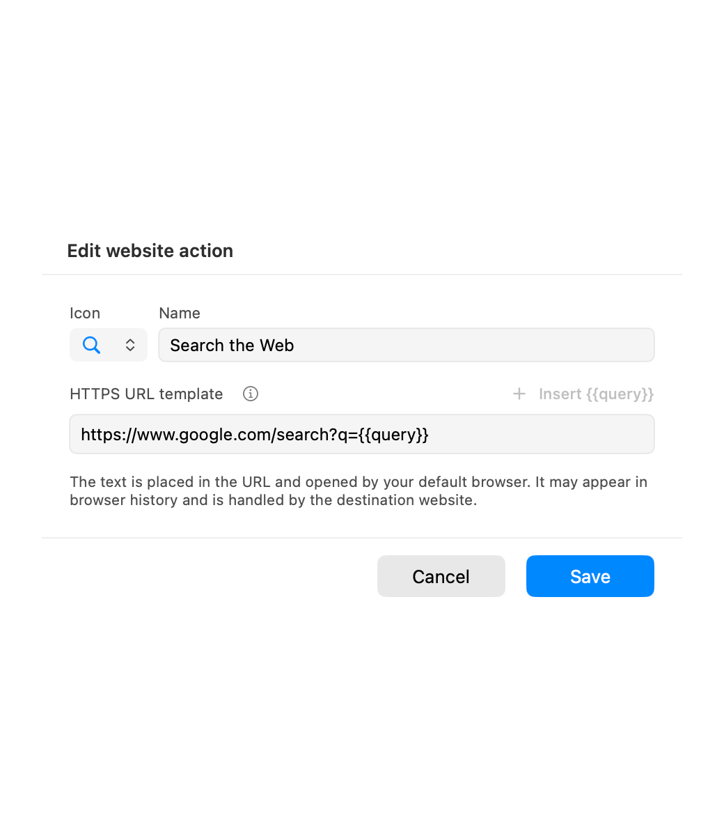 AegisClip custom external search action editor with an HTTPS URL template and query variable
