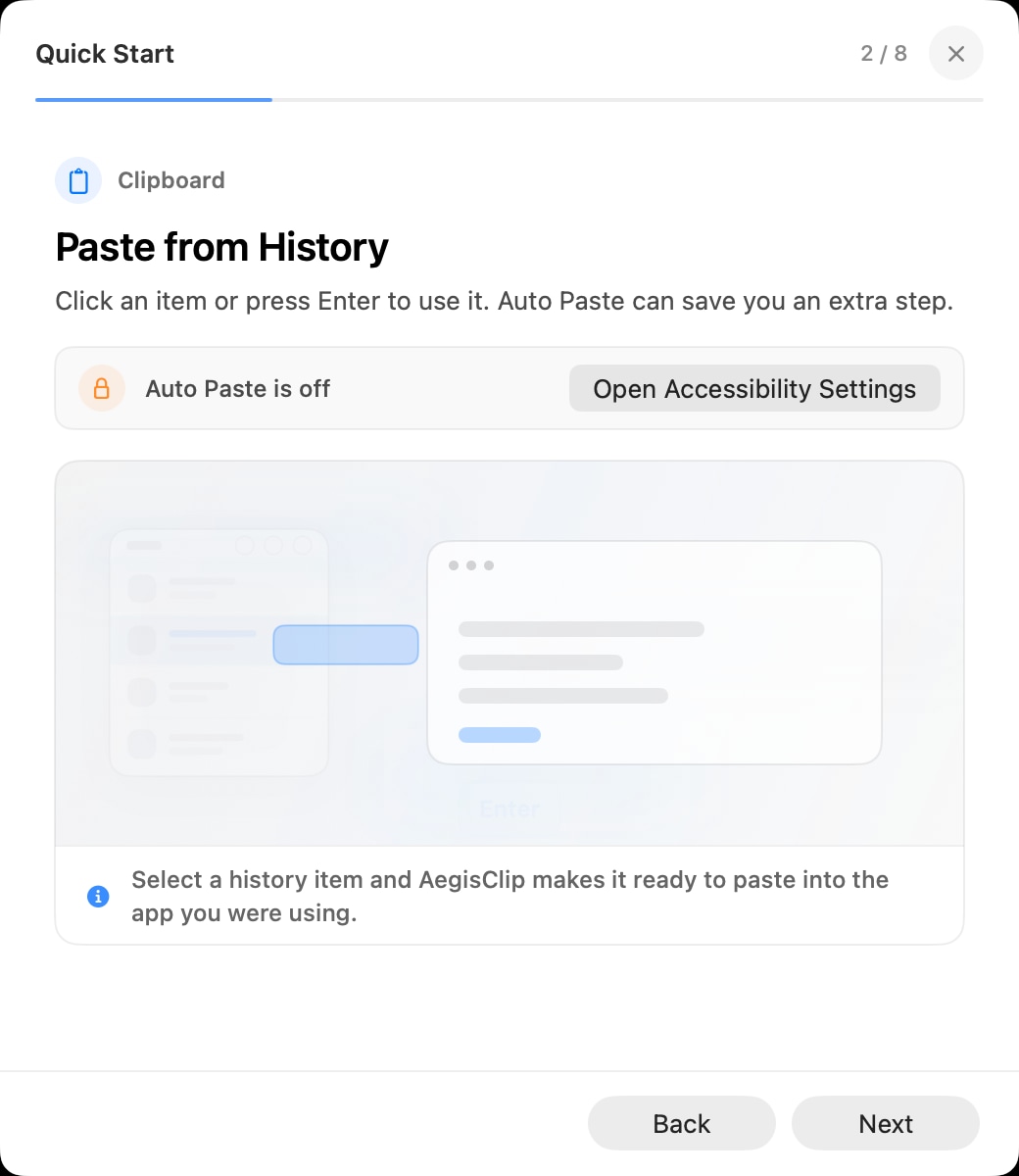 AegisClip Auto Paste setup and Accessibility permission status