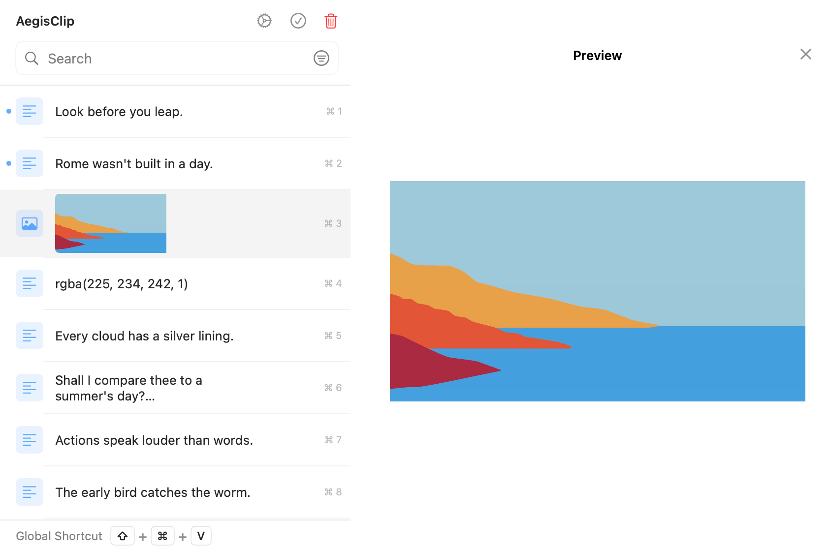 AegisClip clipboard history beside a large preview while browsing adjacent items