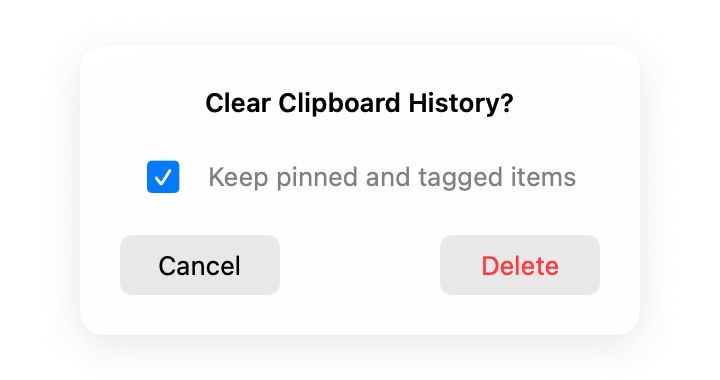 AegisClip clear history confirmation with options to keep pinned or tagged clips