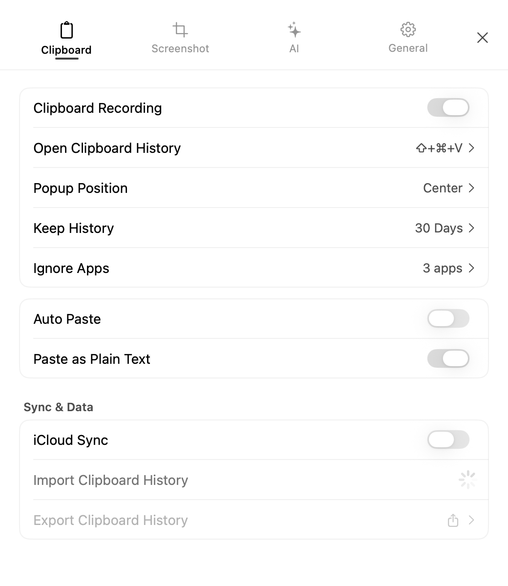 AegisClip Clipboard settings showing CSV import progress