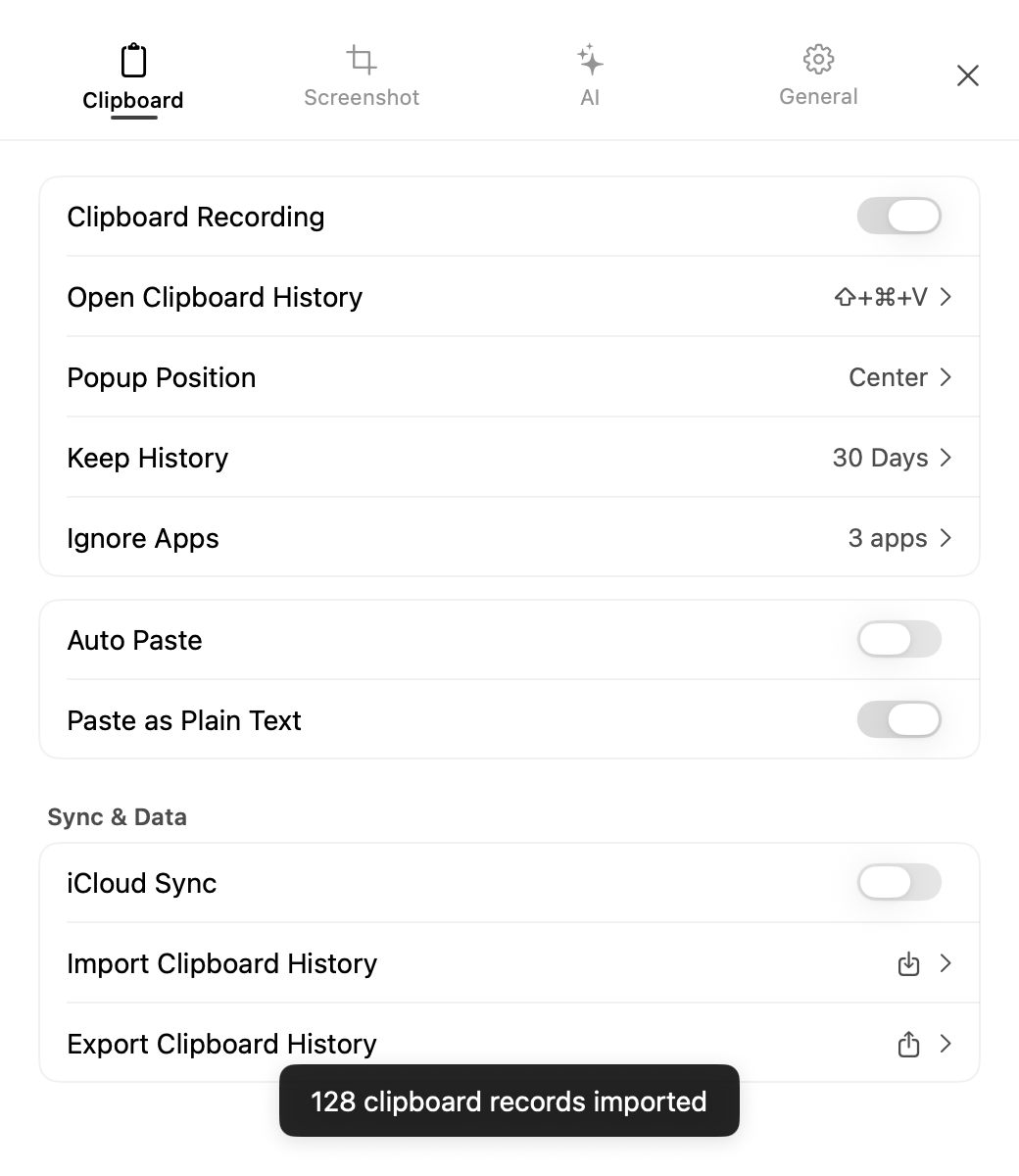 AegisClip clipboard settings confirming a successful CSV import