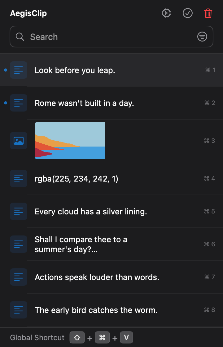 AegisClip clipboard history panel using the dark appearance