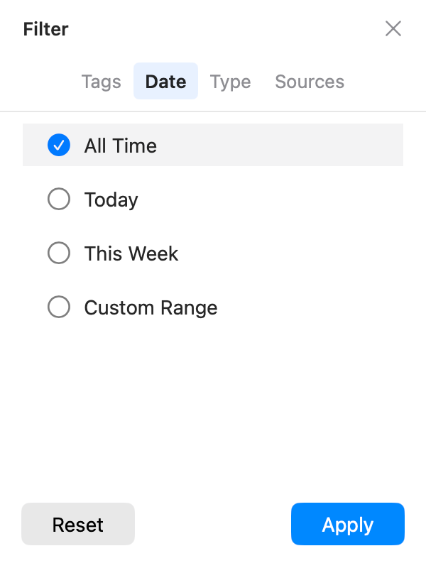 AegisClip date filter panel with all time, today, this week, and custom range options