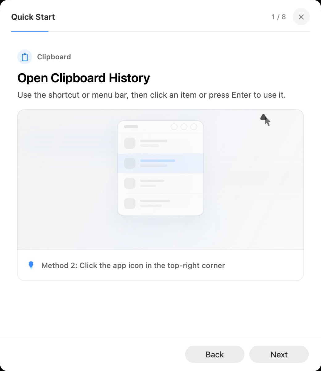 AegisClip Quick Start screen explaining the global clipboard history shortcut
