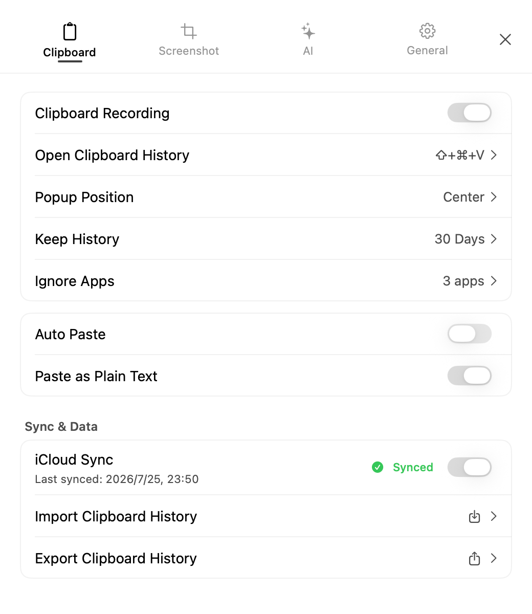 AegisClip Clipboard settings showing the latest successful iCloud sync