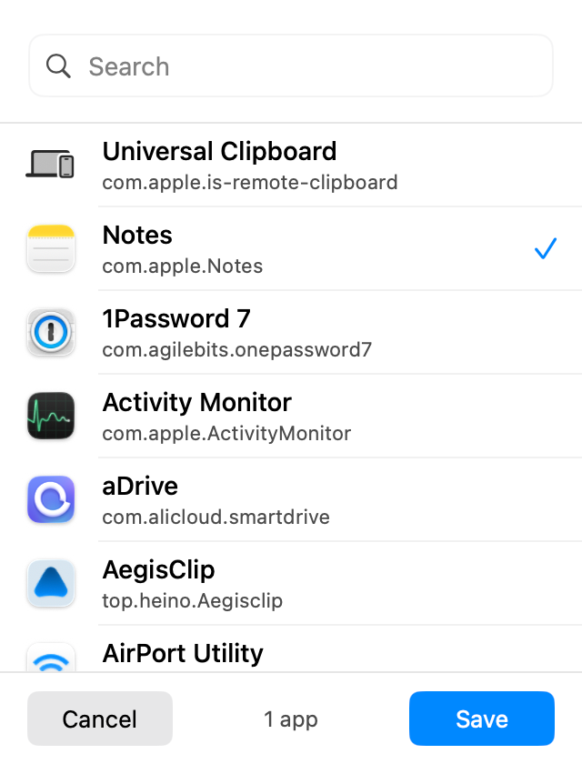 AegisClip ignored applications selector with password manager and utility apps
