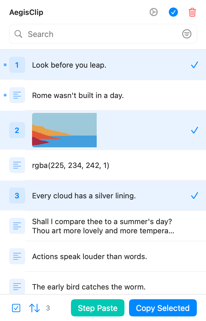 AegisClip multi-select toolbar with ordered items, Step Paste, and Copy Selected controls