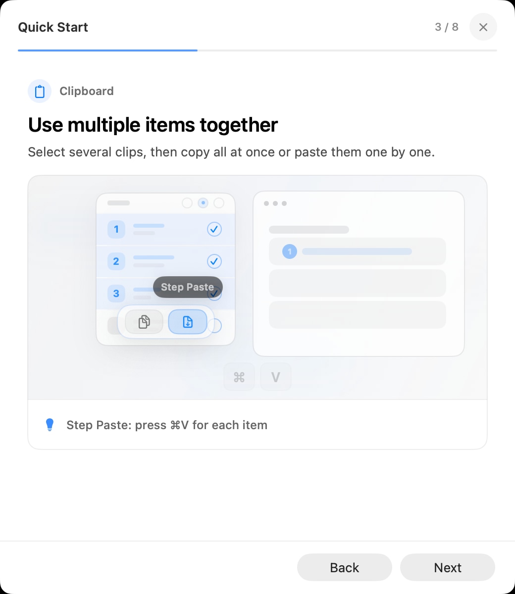 AegisClip Quick Start card explaining how to select multiple clipboard items in order