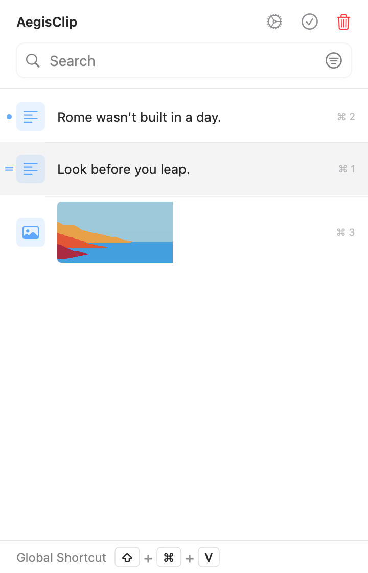 AegisClip pinned clipboard items with visible drag handles for reordering
