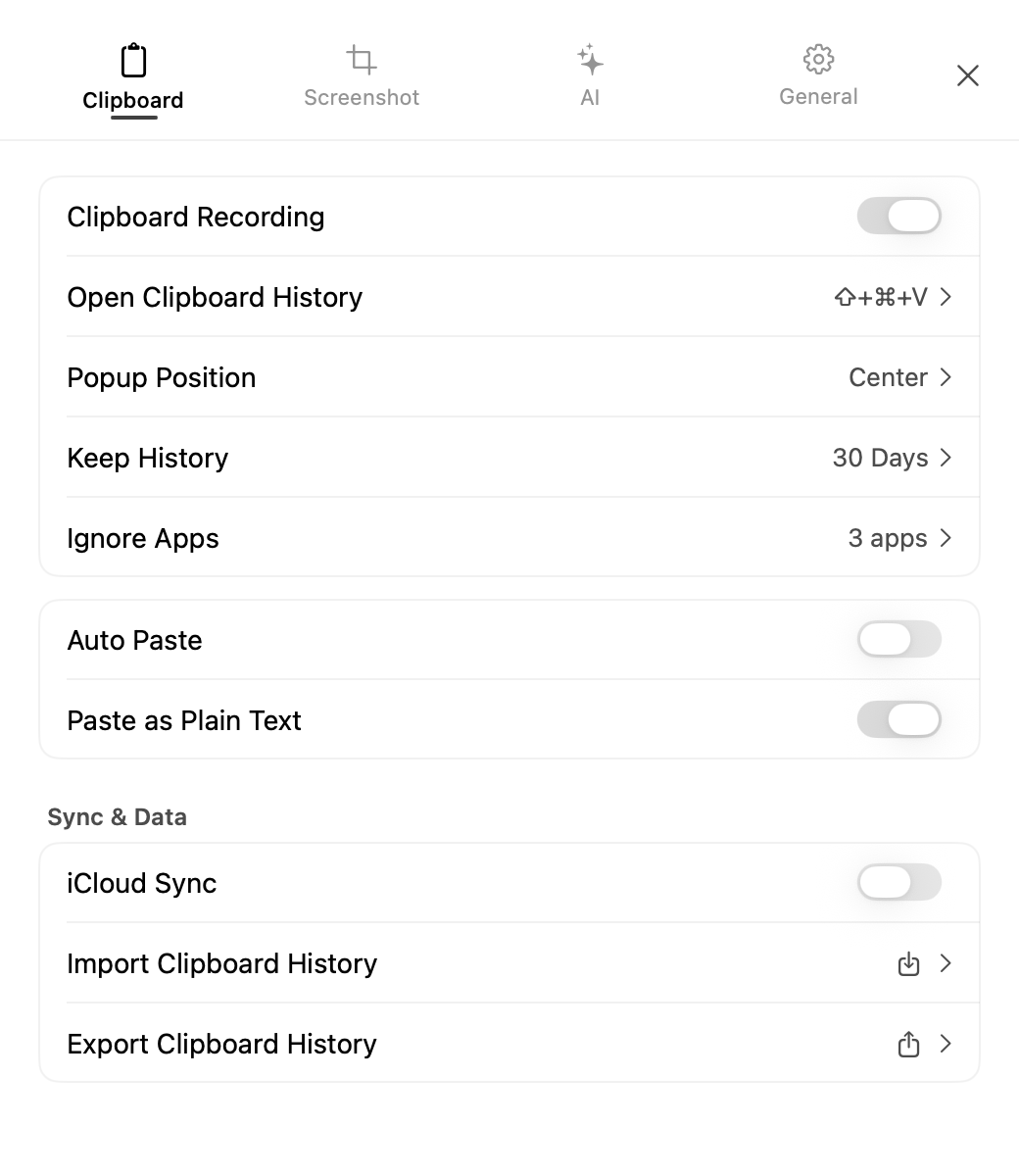 AegisClip Clipboard settings with the Paste as Plain Text option