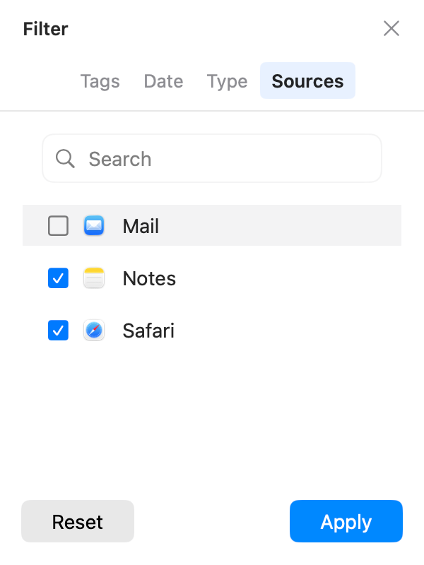 AegisClip source application filter panel listing apps that contributed clipboard items