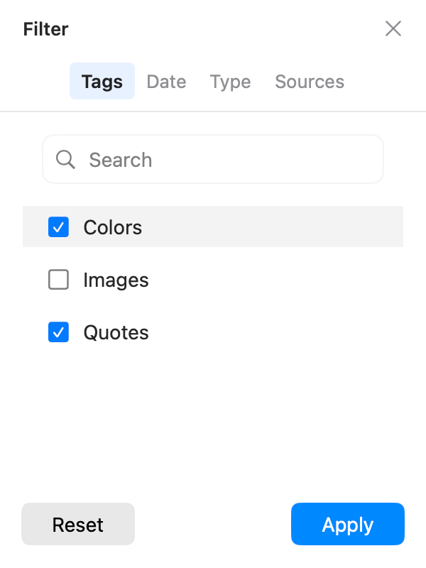 AegisClip clipboard history filter panel with multiple tag choices