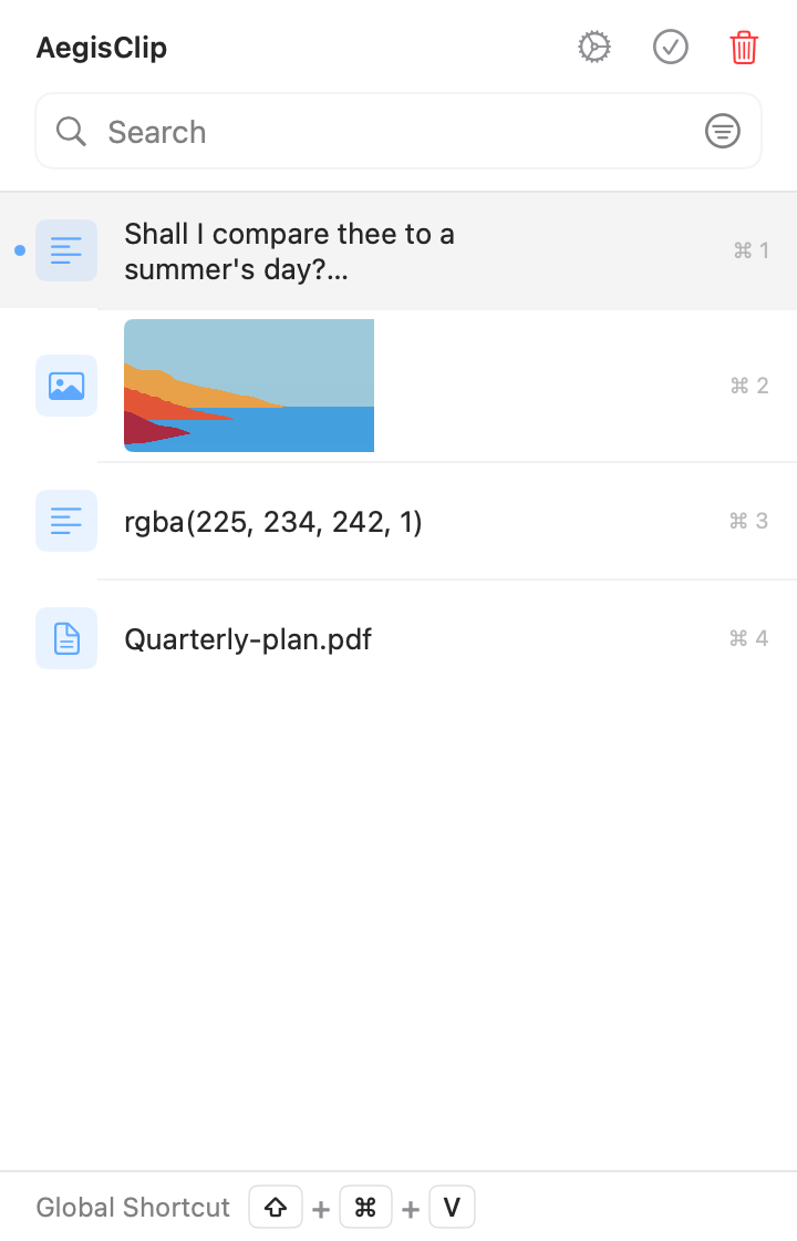 AegisClip history with text, image, color, and file item types
