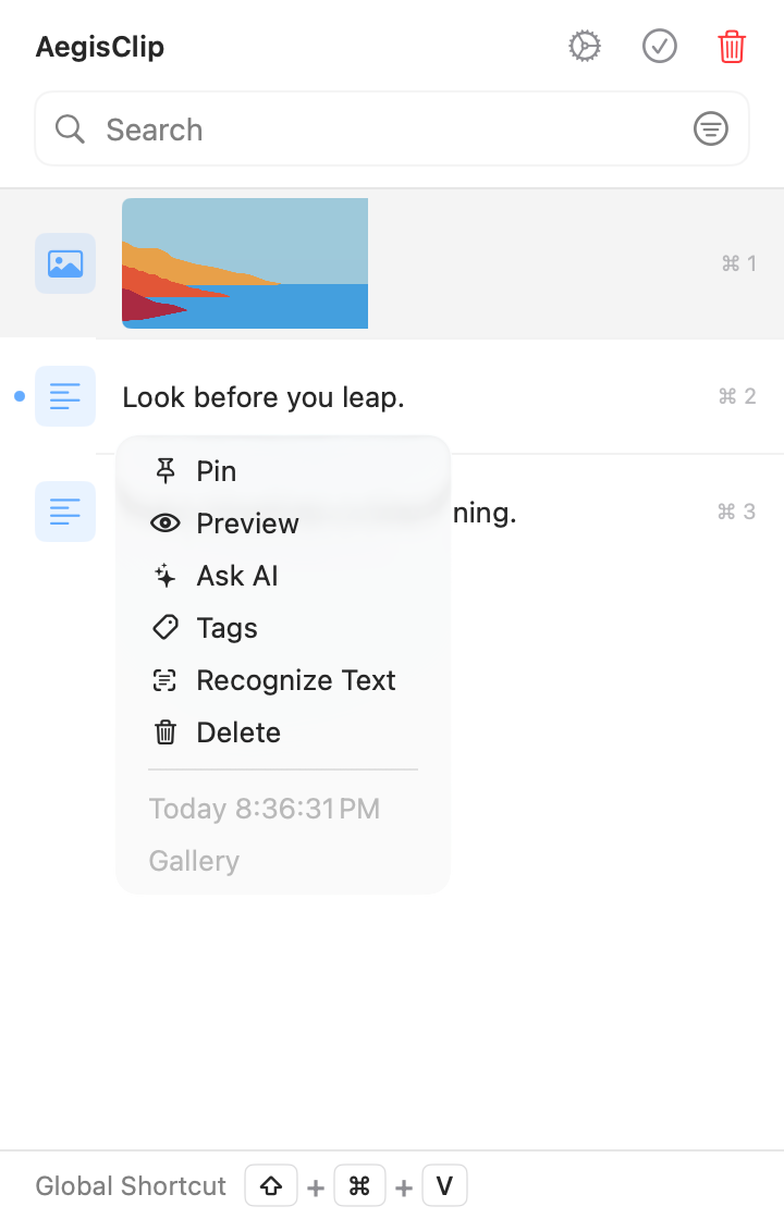 AegisClip image item context menu with Recognize Text, AI, pin, preview, and delete actions