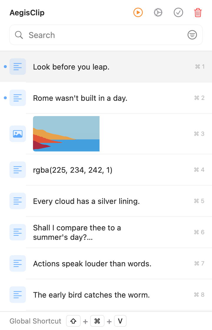 AegisClip clipboard history with recording paused and a resume control