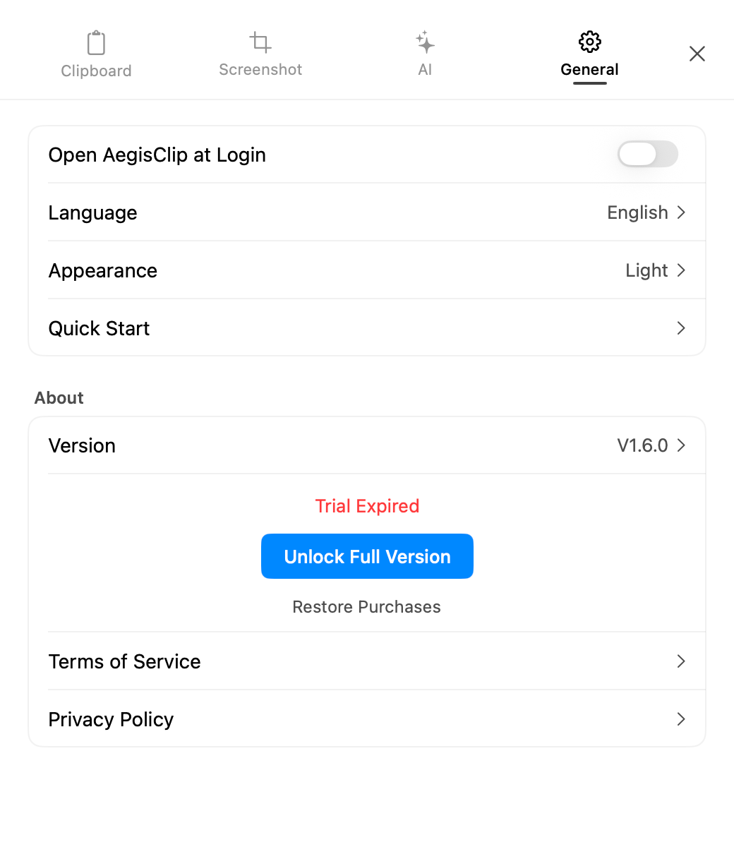 AegisClip General settings for launch at login, language, appearance, and Quick Start