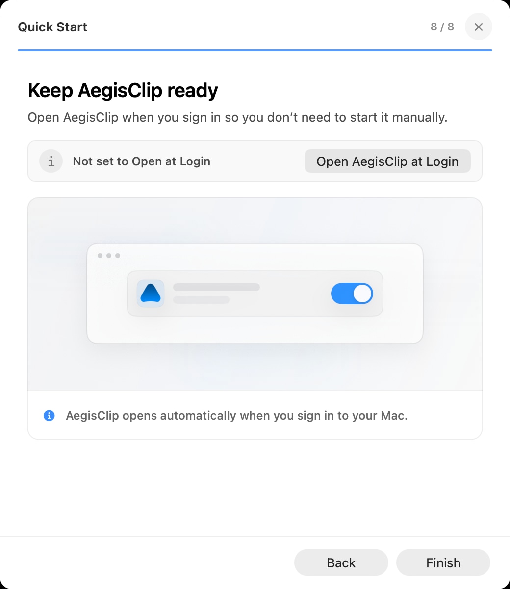 AegisClip Quick Start card explaining the launch at login setting