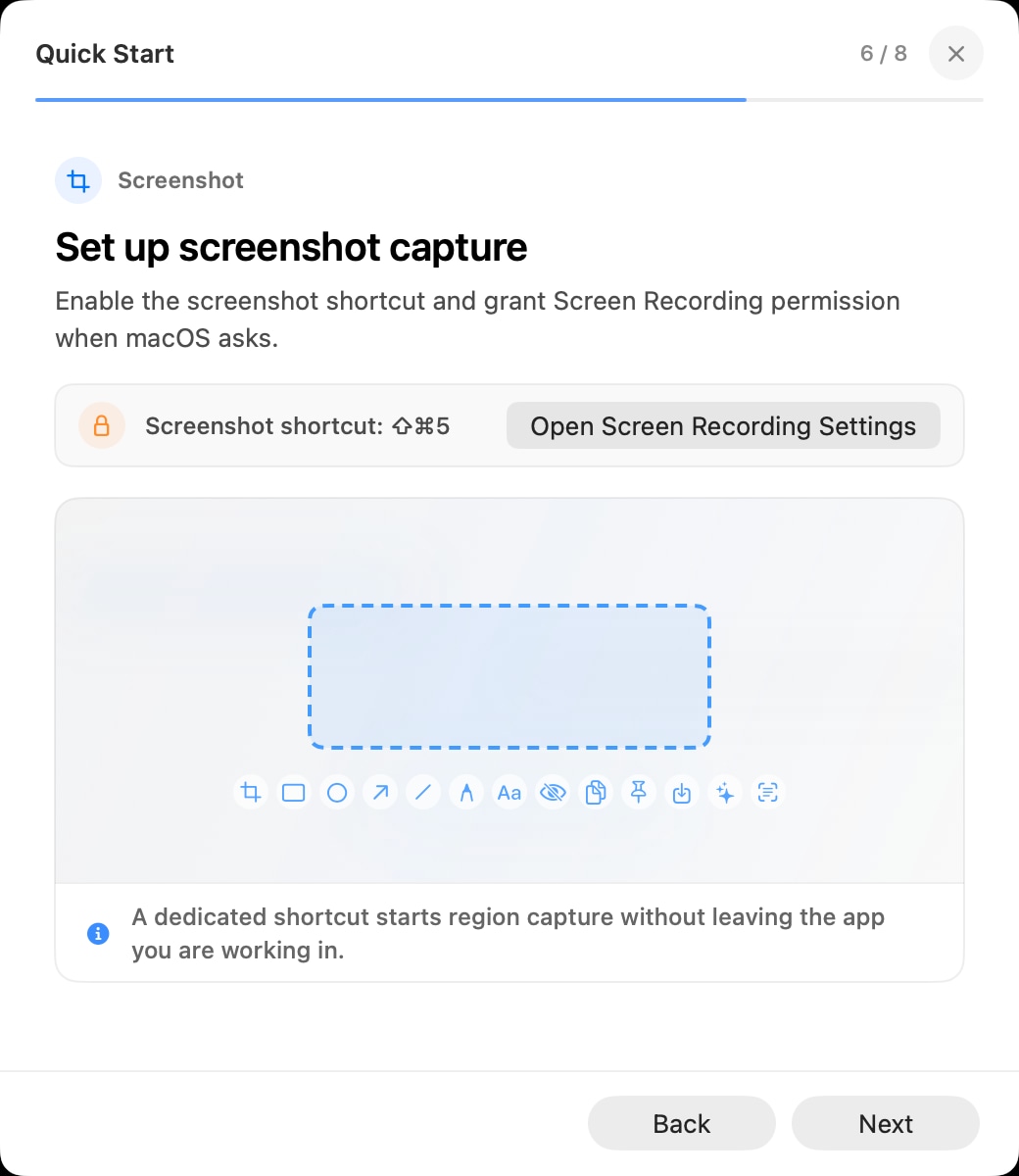 AegisClip Quick Start screen with Screenshot shortcut and Open Screen Recording Settings button